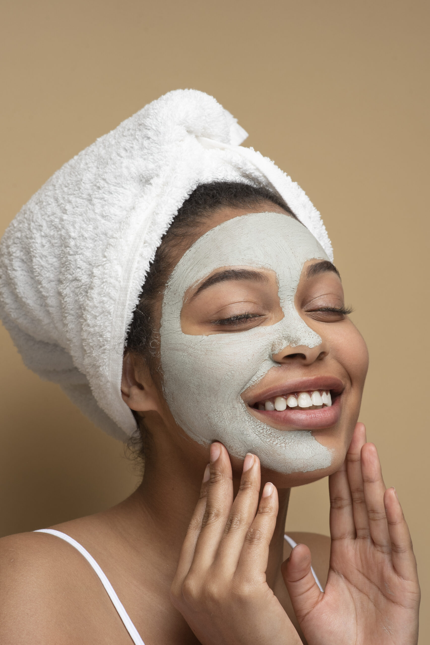 Portrait beautiful woman wearing face mask smiling