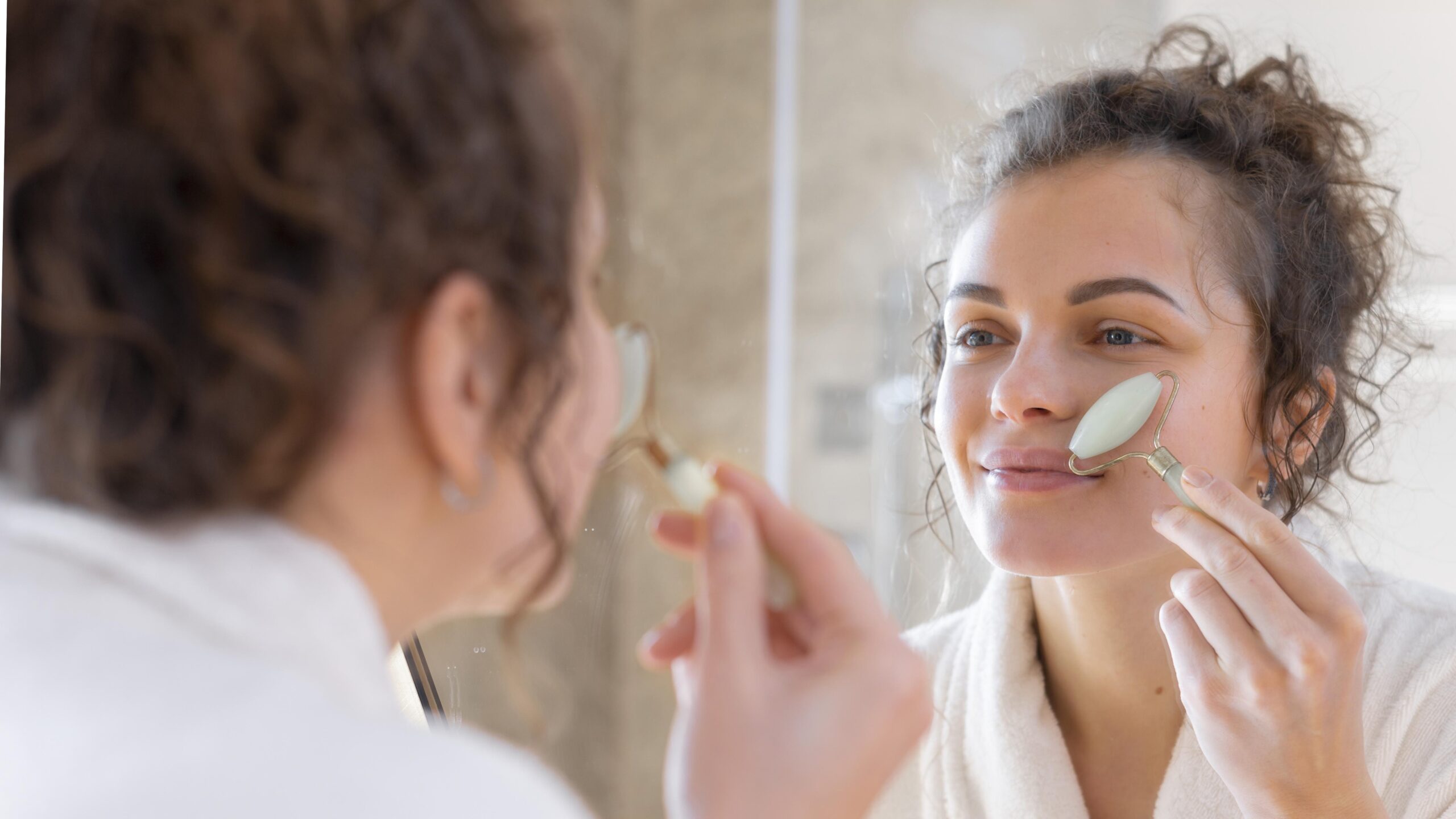Woman looking mirror doing face massage